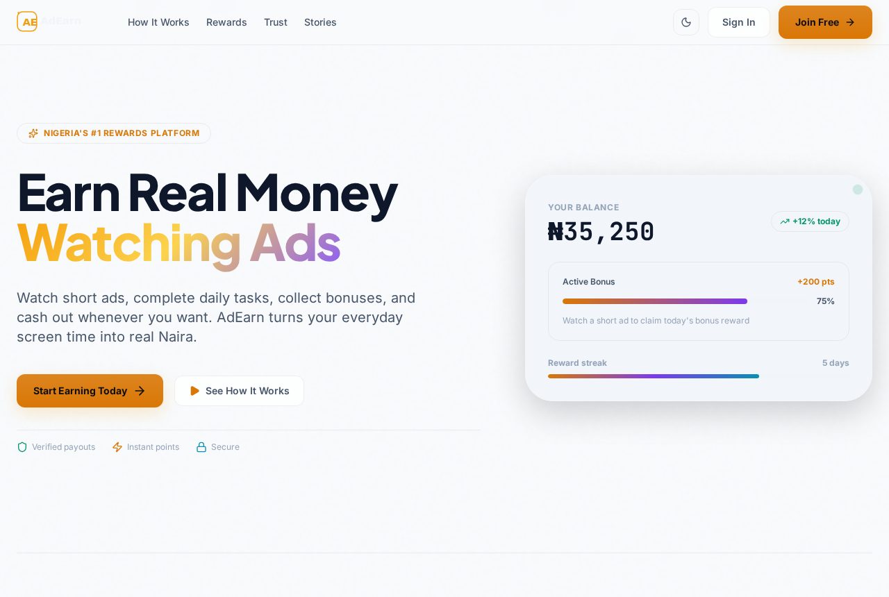 AdEarn rewards platform live site